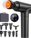 Heated Massage Gun With Heat Head For Deep Tissue Muscle Relief, 20 Speeds, Quiet Brushless Motor, includes 9 massage heads and case.
