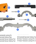 Turbo Engine Timing Tool Kit With Case And Gloves For Vauxhall Opel Chevy Cruze Aveo Astra Cascada Orlando Ampera 1.0L 1.2L 1.4L Camshaft Locking Set With Crankshaft Pin Sprocket Tool And Chain Tensioner Pins displayed.
