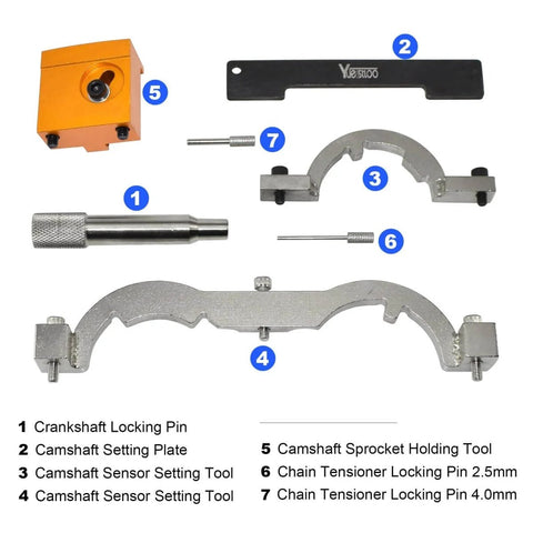 Turbo Engine Timing Tool Kit With Case And Gloves For Vauxhall Opel Chevy Cruze Aveo Astra Cascada Orlando Ampera 1.0L 1.2L 1.4L Camshaft Locking Set With Crankshaft Pin Sprocket Tool And Chain Tensioner Pins displayed.