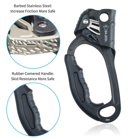 UIAA and CE Certified Hand Ascender for 8 to 13mm Rope Left Hand Black Pro Grade Climbing Gear with Rugged Stainless Steel Cam