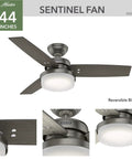 Dope 44 Inch Indoor Ceiling Fan With LED Light And Remote Control, 3 Blades, Brushed Slate Sentinel 50393