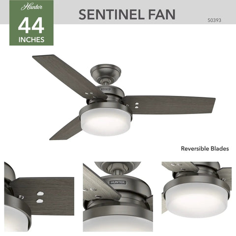 Dope 44 Inch Indoor Ceiling Fan With LED Light And Remote Control, 3 Blades, Brushed Slate Sentinel 50393