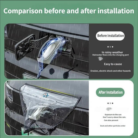 Comparison showing Magnetized Waterproof Drip Guard For EV Charge Port On Toyota Bz4x 2023 To 2026 before and after installation.