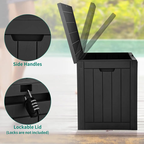 30 Gallon Outdoor Storage Deck Box Made From Waterproof Resin With Lockable Lid For Cushions Pool Accessories And Garden Tools A Versatile Patio Table All In One Go To Storage Ottoman For Indoor Or Outdoor Use, open lid with side handles