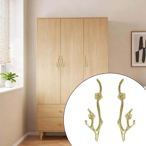 Brass Flower Branch Cabinet Handles Set Left And Right With Screws For Dressers Cabinets Wardrobes Drawers And Doors Dope Door Pull Hardware For Home Improvement And Diy Projects shown on wooden wardrobe