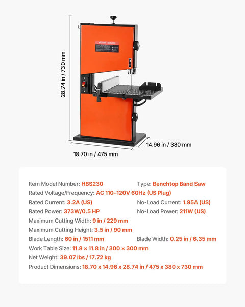 9 Inch Benchtop Woodworking Band Saw With 0.5 HP Motor For Beast Mode Cuts Up To 3.5 Inches, 11.8 By 11.8 Inch Cast Aluminum Table