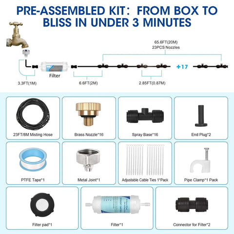 Diagram showing components of Outdoor Patio Misting System With 20 Brass Nozzles And Three Quarter Inch Adapter.