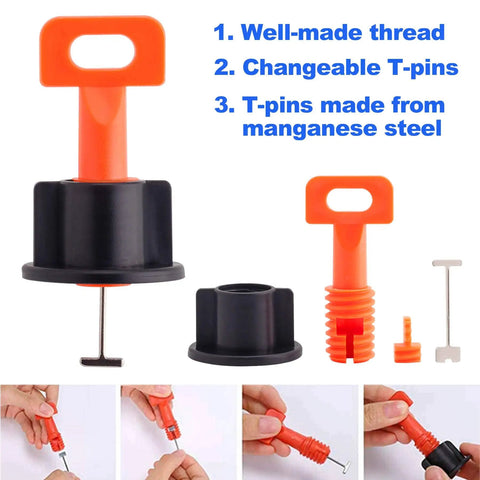 Tile Leveling System Kit with 100 Tile Levelers, 2 Wrenches, and 500 2mm Spacers showing changeable T-pins and parts in use.