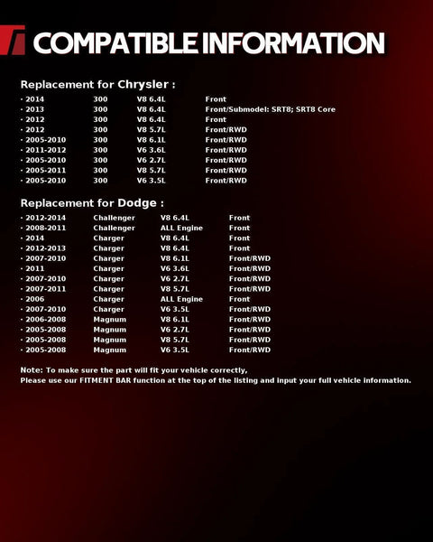 Product compatibility chart for 2005-2014 Chrysler 300, 2006-2014 Dodge Charger, 2008-2014 Dodge Challenger, 2005-2008 Dodge Magnum RWD
