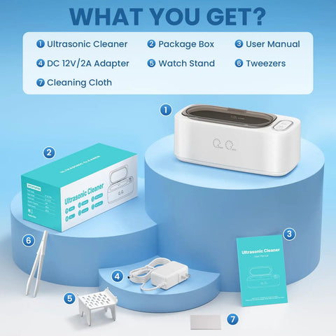 48 Kilohertz Ultrasonic Cleaning Machine For Jewelry Glasses Earbuds Dental Plates And Watch Straps Packs with accessories on display.
