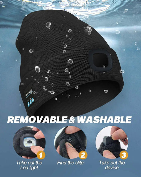 Bluetooth Beanie With Light USB Rechargeable LED Headlamp Winter Hat For Running Hiking Hunting Skiing Black Unisex