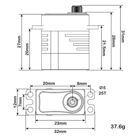 Diagram of Ultra High Torque 12.5Kg RC Micro Servo showing dimensions and structure, ideal for SCX24 TRX4M 1/24 1/18 crawler cars
