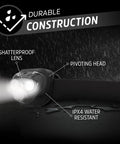 Vision HD Plus LED Headlamp Pro 4 Pack with IPX4 water resistance, shatterproof lens, and pivoting head under rain