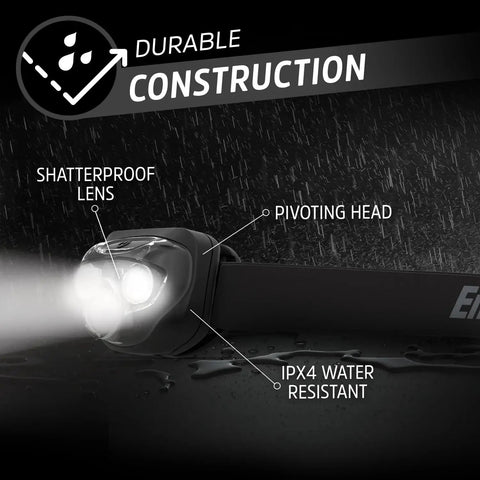 Vision HD Plus LED Headlamp Pro 4 Pack with IPX4 water resistance, shatterproof lens, and pivoting head under rain