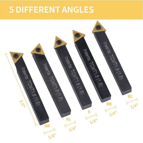 Jerax 1/4-in indexable turning tool set with TCMT carbide inserts, 5 pcs, black metal bodies with gold inserts