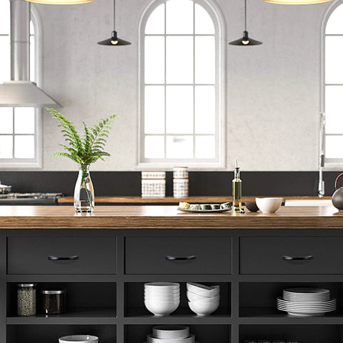 Modern kitchen with 4 Pack Vintage Antique Black Drawer Pulls And Handles With 2-1/2 Inch Hole Center Drop Bail Knobs on cabinets.