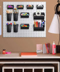 12 Pack Pegboard Bins And Cups Set For One Eighth And One Quarter Inch Pegboard Wall Organizer installed in craft room