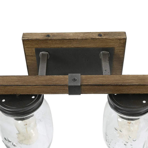 Close-up of Rustic Farmhouse Vanity Light Fixture With Mason Jar Glass Shades White Wood Finish 29 Inch Four Light