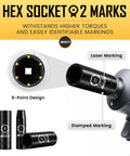 Hex socket with laser and stamped markings, part of Three Eighths Inch Drive Deep Impact Socket Set Kit With 16 Piece Metric Sockets 7 To 22mm Including 3 Inch And 6 Inch Extension Bars 6 Point Design Chrome Vanadium Steel Heavy Duty Storage Case.