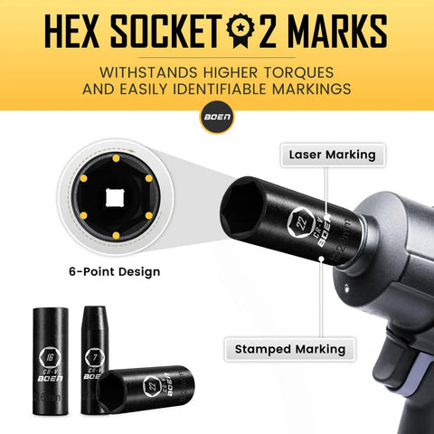 Hex socket with laser and stamped markings, part of Three Eighths Inch Drive Deep Impact Socket Set Kit With 16 Piece Metric Sockets 7 To 22mm Including 3 Inch And 6 Inch Extension Bars 6 Point Design Chrome Vanadium Steel Heavy Duty Storage Case.