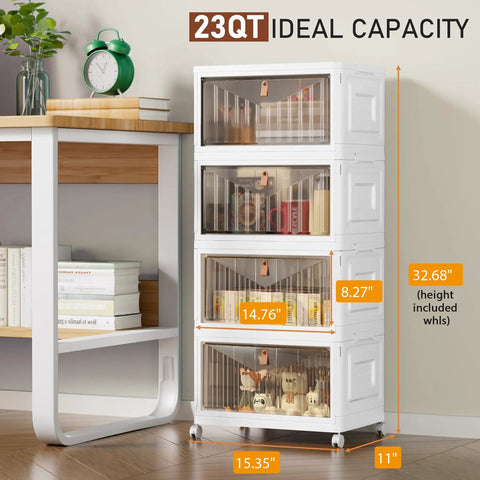 Four Tier Storage Bins With Lids On Wheels, 23QT Each, Stackable Closet Organizers For Home, Office, Dorm, in living room setup