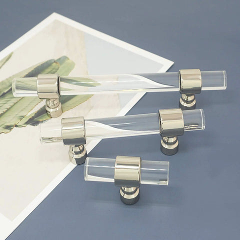 3.25 Inch Acrylic Clear Silver Drawer Pulls For Dresser Cabinets Lucite Knob Hardware With 83mm Center To Center Spacing shown