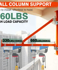 Heavy Duty Wall Mount Jib Crane Hoist Support Arm With 180 Degree Swinging Electric Scaffolding Lift Bracket All Steel Construction 660 Lbs Capacity For Industrial Garage Workshop Use Durable Steel Pole Holder mounted on wall with hoists visible.