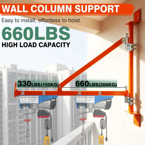 Heavy Duty Wall Mount Jib Crane Hoist Support Arm With 180 Degree Swinging Electric Scaffolding Lift Bracket All Steel Construction 660 Lbs Capacity For Industrial Garage Workshop Use Durable Steel Pole Holder mounted on wall with hoists visible.