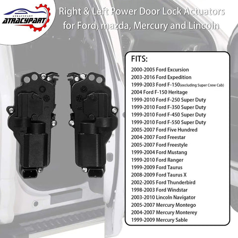 Left And Right Power Door Lock Actuator Kit For Ford F Series Trucks Excursion Expedition Mustang And More Replacement OEM Quality Direct Fit Replaces 6L3Z25218A43AA And 6L3Z25218A42AA Durable Electric Door Lock Motors, OEM quality shown with compatibility list.
