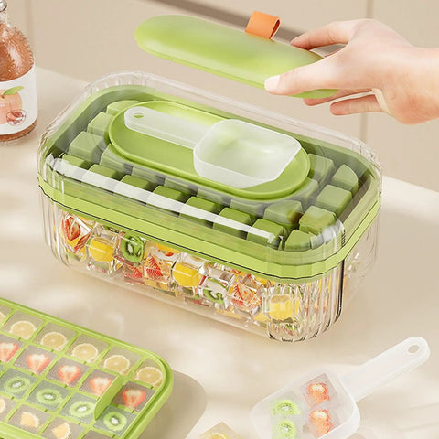 Go To Press Type Cold Block Mold Nonstick Ice Trays With Secure Lids Easy Release Freeze Tray showcasing stacked ice cubes in a transparent container.