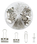 Complete Office Supplies Set With Paper Clips, Binder Clips, And Push Pins In A Handy Box for office, school, and home use.