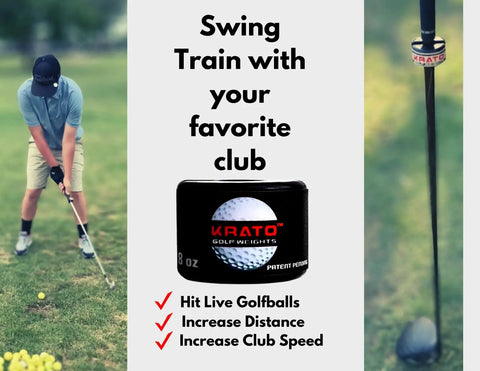 Image of Golf Swing Trainer Weight 4oz to train with your own club, featuring a close-up of the weight on the club and a golfer swinging.