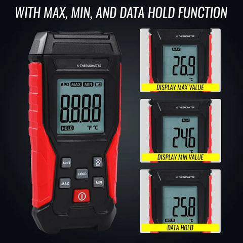 Type K Thermocouple Thermometer Kit With HVAC Clamp Meter Digital 1 Channel K Type Temperature Gauge Wide Range From -328 To 2501 Fahrenheit Includes Two Thermocouples Lead Probes And Pipe Clamp, display max min hold