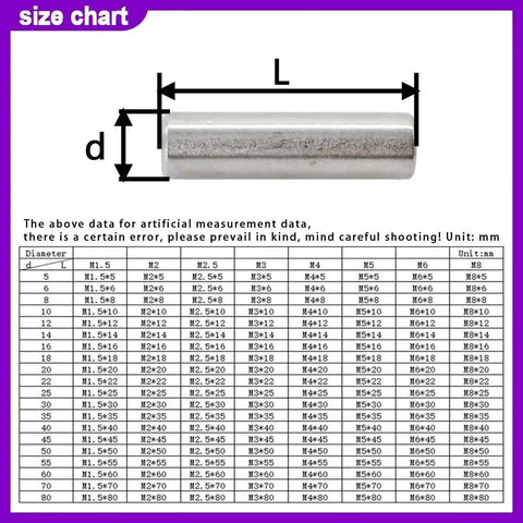 Pro Grade Stainless Steel Cylindrical Locking Pins Assortment Kit With M4 M5 M6 M8 Sizes For Precision Locating And Assembly Dowel Fasteners In Handy Organizer Case 20 To 150 Pieces size chart showing pin diameter d and length L