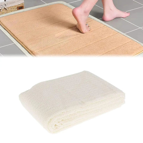 Non Slip Rug Pad For 47 By 79 Inch Runner Heavy Duty Gripper Under Carpet Mat Keeps Rugs In Place On Tile Wood And Shag Floors Washable PVC Protector Anti Slip Underlay For Living Room Doormat Safety shown under a foot on a tan rug on tile floor.