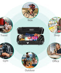 Portable Safe Box With 4 Digit Combination Lock Travel Security Case, open with contents inside, surrounded by lifestyle scenarios.