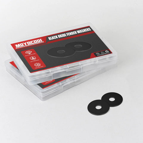 Black oxide stainless steel fender washers, 3/4 inch outer diameter, 50-pack in plastic case