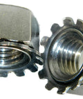 Kickass Stainless Steel Hex Lock Nuts 5/16-18 With Integrated Washers Corrosion Resistant showing two fasteners from different angles.