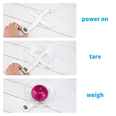 On The Go Portable Food Scale Folding Digital Kitchen Scale For Travel And Diet showing power on, tare, and weigh functions