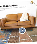 60 Heavy Duty PTFE Furniture Glides And Floor Protectors under a leather sofa on various floor types including hardwood.