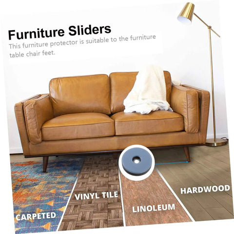 60 Heavy Duty PTFE Furniture Glides And Floor Protectors under a leather sofa on various floor types including hardwood.