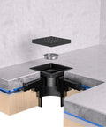 Exploded view of 6 Inch Square Shower Drain With ABS Flange Base In Matte Black 304 Stainless Steel for modern bathroom remodels.