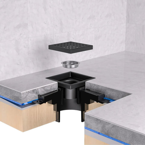 Exploded view of 6 Inch Square Shower Drain With ABS Flange Base In Matte Black 304 Stainless Steel for modern bathroom remodels.