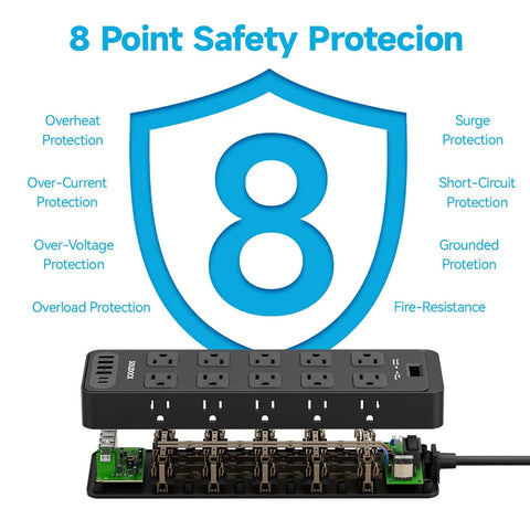 Power Strip With 20 AC Outlets And 6 USB Ports Heavy Duty Surge Protector 15 Amp 6ft Extension Cord 2700 Joules 120 to 240V Wide Voltage Perfect For Your Home Office Rig And Tech Setup, 8-point safety protection