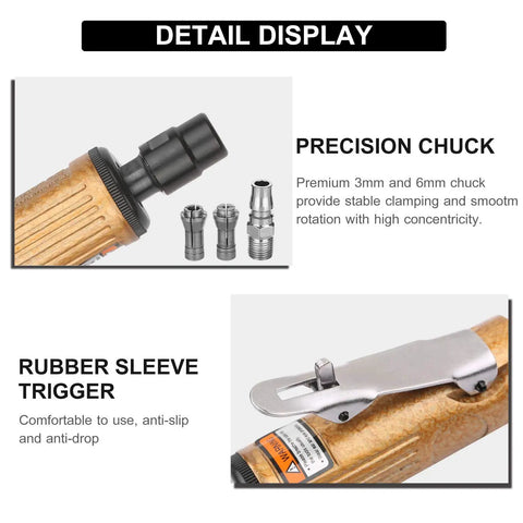 Detail display of No-Nonsense Heavy-Duty Mini Air Die Grinder Kit showing precision chuck and rubber sleeve trigger.