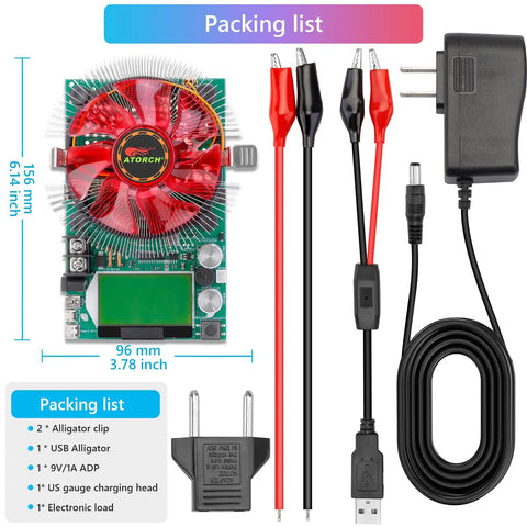 Beefy Electronic Load Tester USB Power Test Rig 150W 200V 20A Resistor Load Adjustable Constant Current Battery Capacity Discharger Module Intelligent Discharge Safe Startup And Warning Features, 156x96 mm with cables and adapter