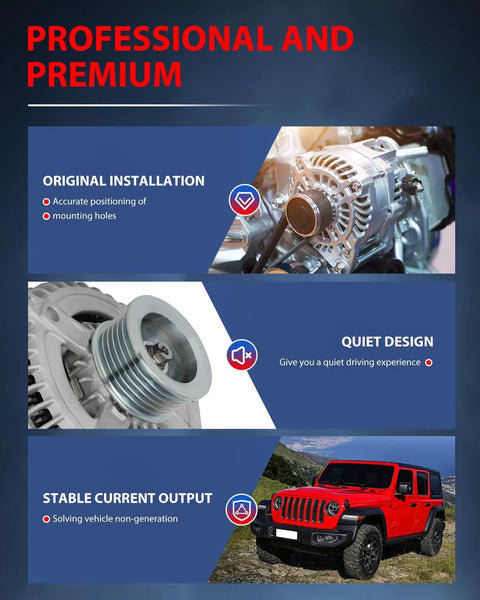 Infographic showing benefits of 11240 Alternator Replacement For 2007 Chrysler Aspen 2007 Dodge Durango, including installation and performance.