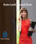 Smart Keyless Door Lock With Bluetooth App Control, installed on a wooden door with woman in red dress, Auto-Lock feature shown.
