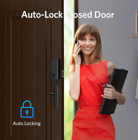 Smart Keyless Door Lock With Bluetooth App Control, installed on a wooden door with woman in red dress, Auto-Lock feature shown.