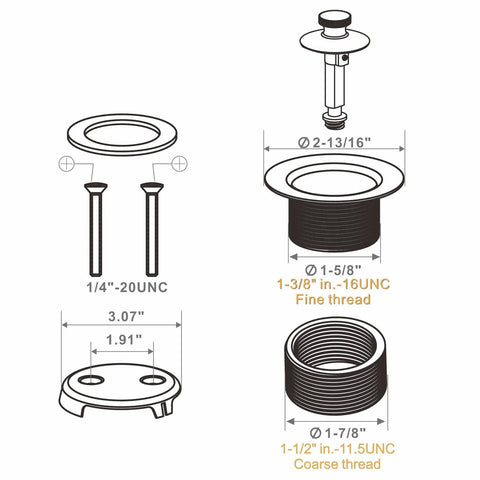 Matte Black Lift And Turn Tub Drain Conversion Kit With Two Hole Overflow Faceplate, brass and steel parts diagram with measurements